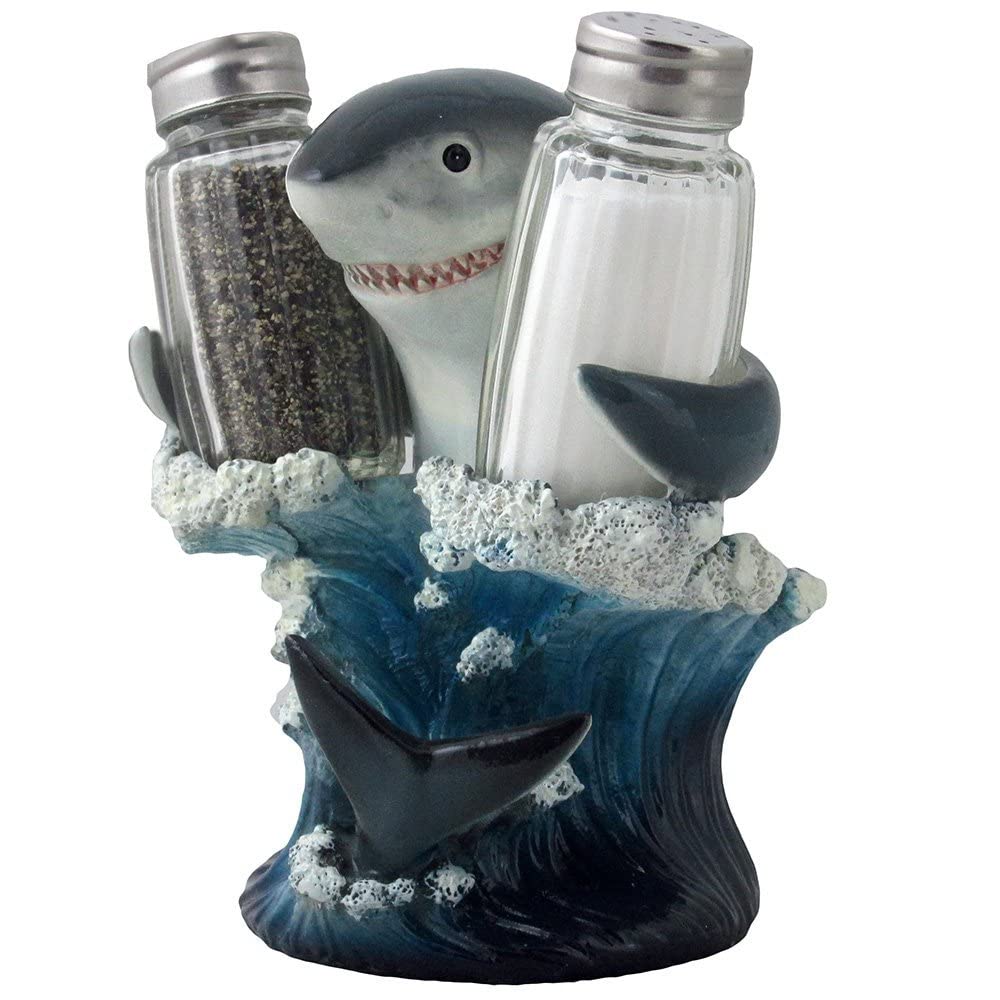 Decorative Great White Shark Glass Salt and Pepper Shaker Set with Holder Figurine for Beach Bar or Tropical Kitchen Decor Sculptures & Table Decorations by Home 'n Gifts
