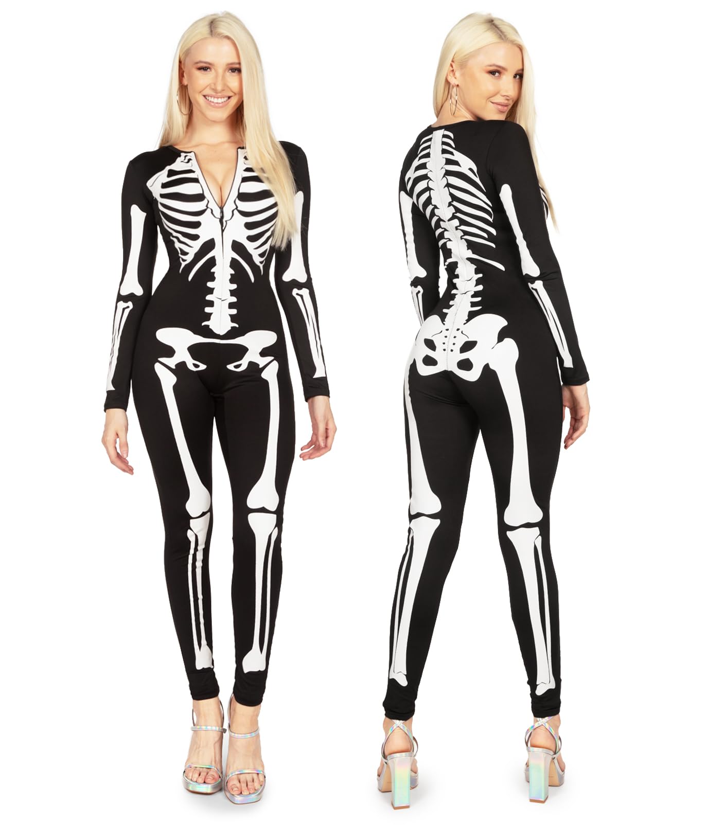 Tipsy Elves Form Fitting & Flattering Skeleton Bodysuit for Halloween - Women's Sexy Skeleton Costume - White, Size Medium