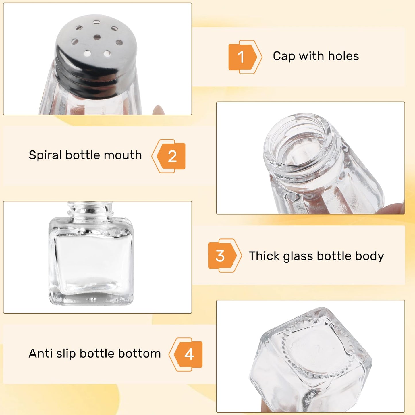 BOSMIOW 6Pack Small Glass Spice Jars with Silver Cap,Clear Mini Salt Holders,Durable Pepper Shakers,Empty Seasoning Powders Containers for Kitchen Restaurants