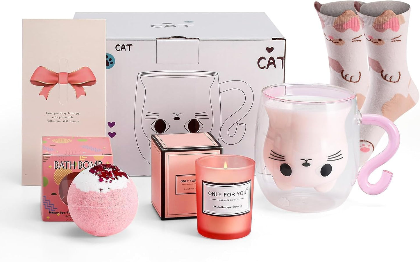Cat Mug Gifts Set, Birthday Gifts for Women Her Mom, Christmas Presents for Women, Valentines Mothers Day Cat Lovers Presents Idea for Sister Wife Grandma Female Teacher Friend Coworker (Pink)