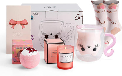 Cat Mug Gifts Set, Birthday Gifts for Women Her Mom, Christmas Presents for Women, Valentines Mothers Day Cat Lovers Presents Idea for Sister Wife Grandma Female Teacher Friend Coworker (Pink)