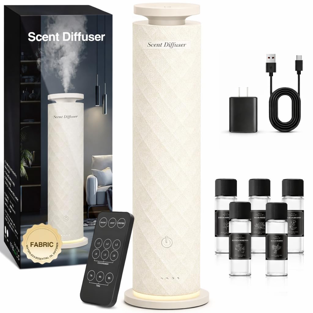 Waterless Scent Diffuser Starter Kit with 5 Oils, Hotel Cold Air Diffuser Oil Machine for Home, 1000 Sq Ft Coverage Boho Diffuser, Quiet Nebulizing Aromatherapy with Remote, Tower Fabric Design, Cream