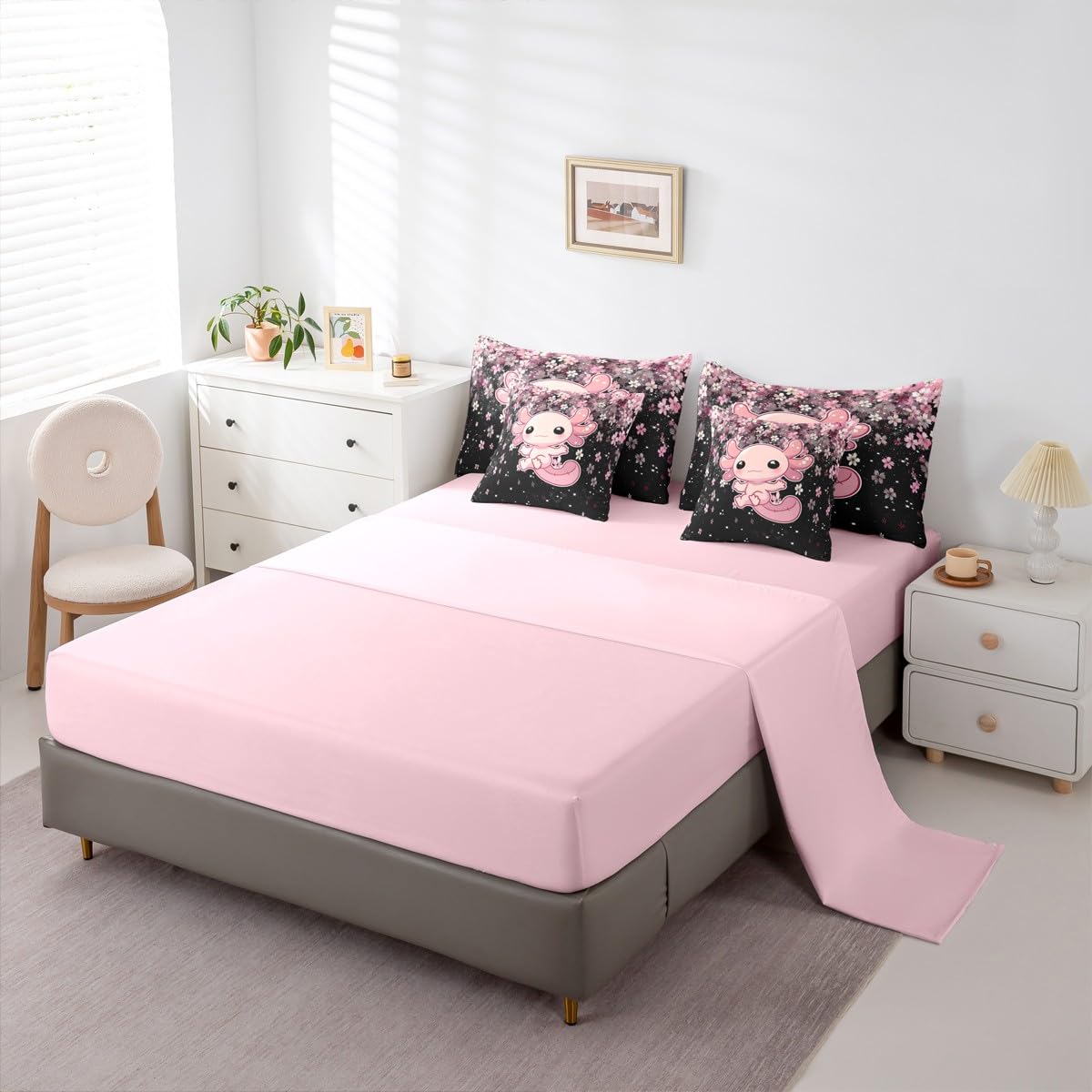 Pink Axolotl Queen Comforter Set Romantic Cherry Blossom Bed in a Bag with Flat and Fitted Sheet for Kids Girls Teens 7-Piece Bedding Set Girly Kawaii Animal Quilt Duvet SetsCartoon Axolotl