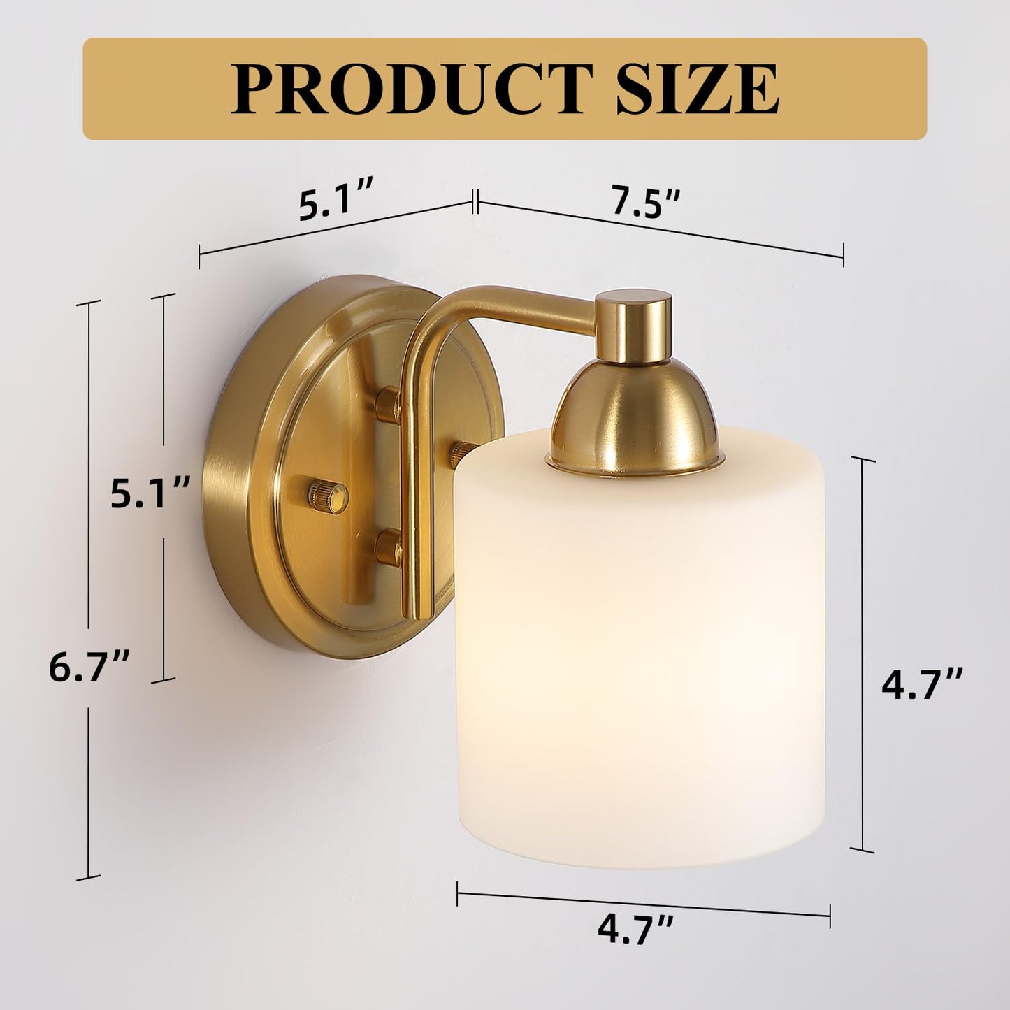 Mecgirn Gold Milk Glass Wall Sconces, 1 Pack Hardwired Indoor Wall Light Fixtures for Living Room, Hallway, Bedroom, Ceramic E26 Sockets (Bulbs Not Included)