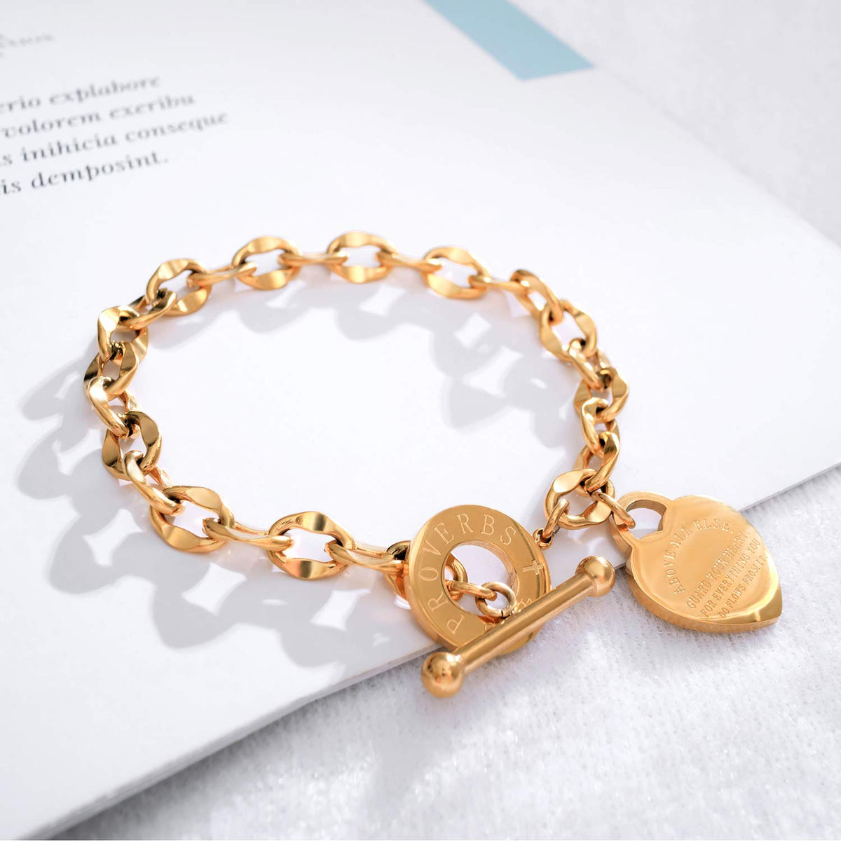 kelistom 316L Stainless Steel Love Heart Charm Bracelet for Women Romantic Gift 18k Gold Plated OT Clasp Bracelets (18k gold)