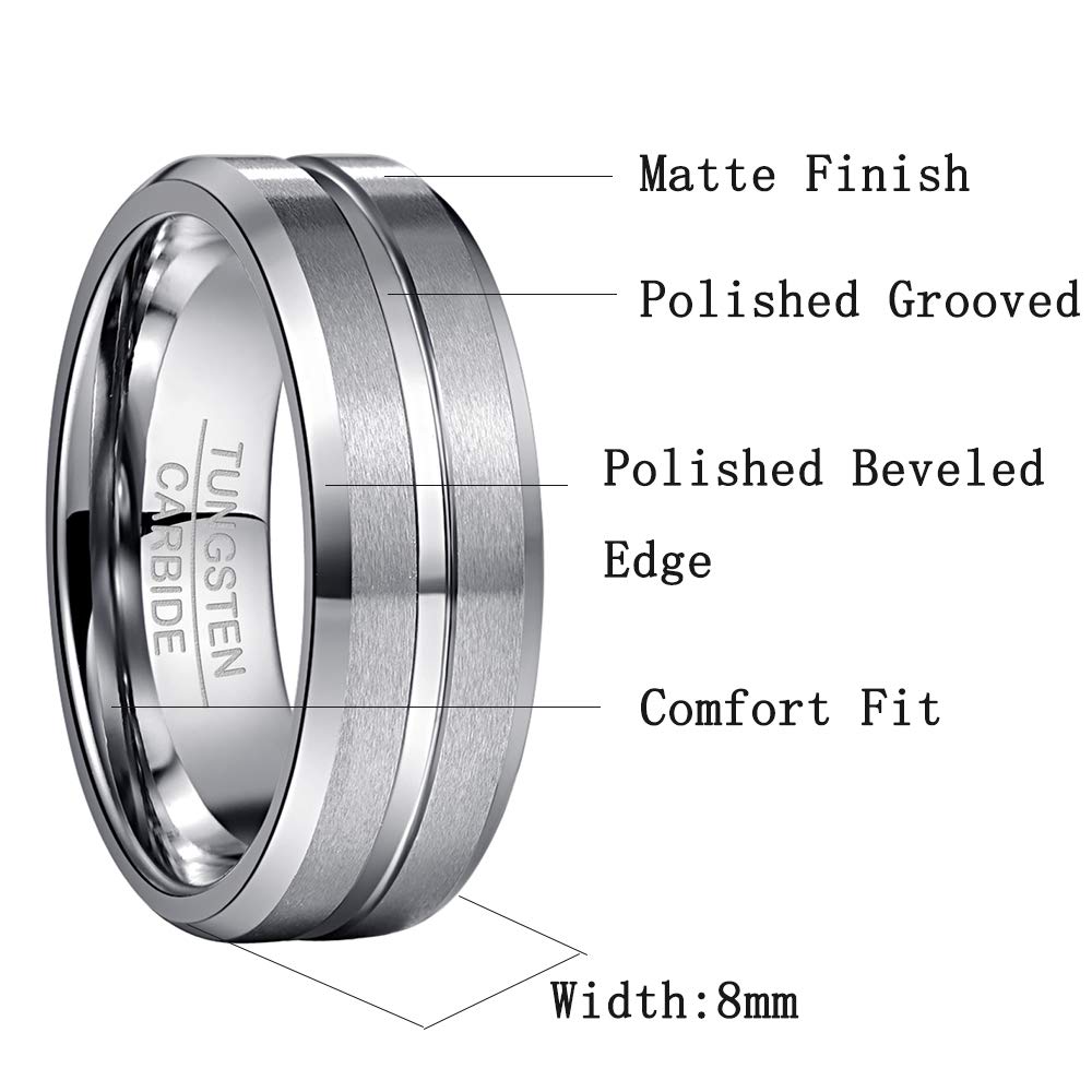 NUNCAD Men's Rings Silver 8mm Tungsten Wedding Ring for Men Simple Band Ring with Center Groove Beveled Edges Size U1/2