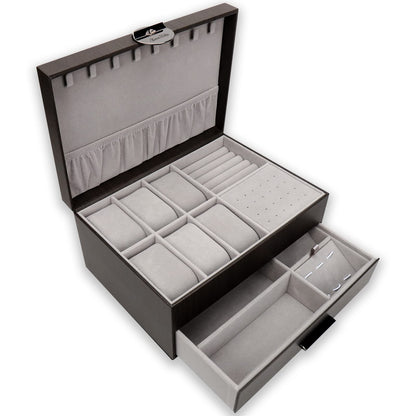 BareTulip Jewelry Box for Men 2-Layer Valet Organizer with 2 Drawers Watch Ring Necklace Cufflink Storage Case Glass Lid Premium PU Leather Mens Accessories Box Gift for Husband Boyfriend Dad Black