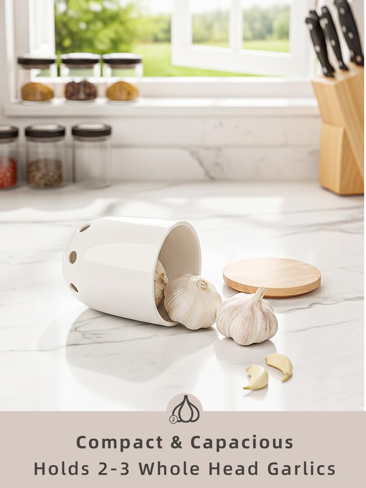 LEETOYI Ceramic Garlic Keeper for Counter, Garlic Holder with Wood Lid (White)