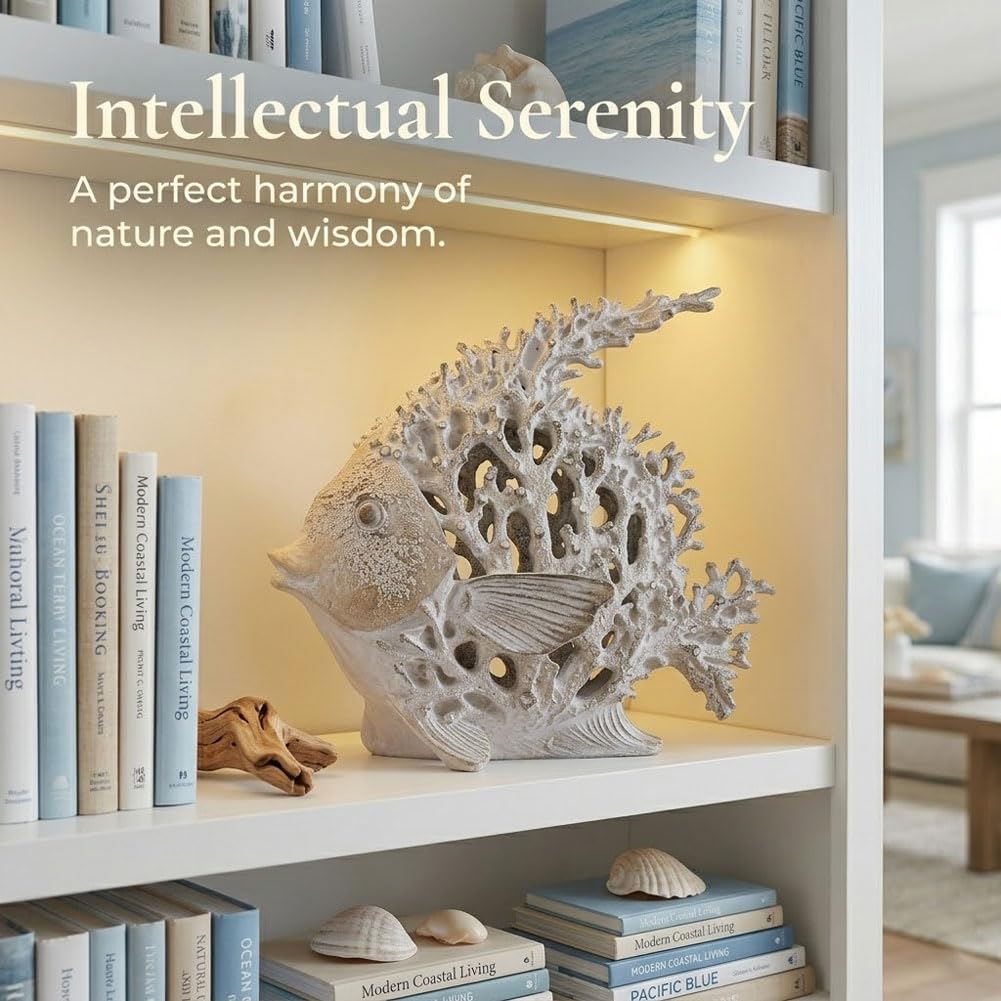 QIANLING Beach Coastal Decor Coral Reef Angelfish Figurines, Modern Nautical Decor Ocean Centerpieces for Living Room, Bathroom, Office, Coffee Table, Beach House, Seaside, Entrance, Shelf Decorative