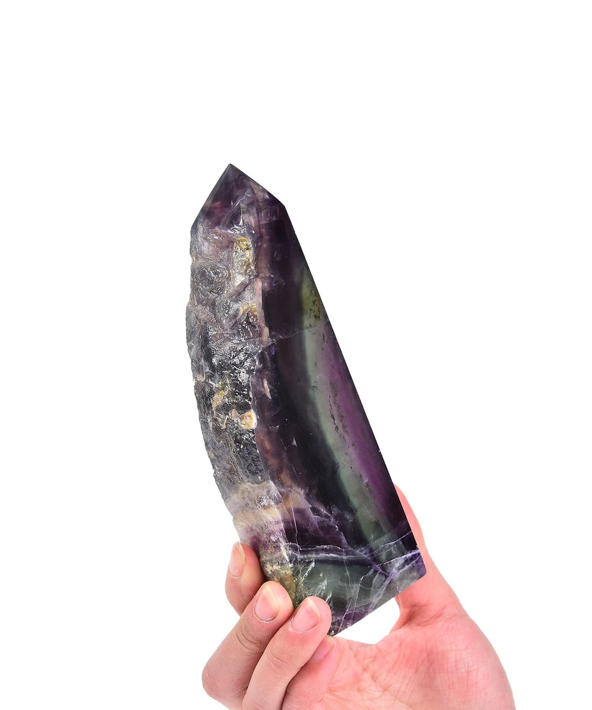 AMOYSTONE Natural Fluorite Crystal Stone Wand Obelisk Large Tower Slab Pointed Wand Block Green-Purple, Irregular Texture 1.7-2 LBS, Home Décor