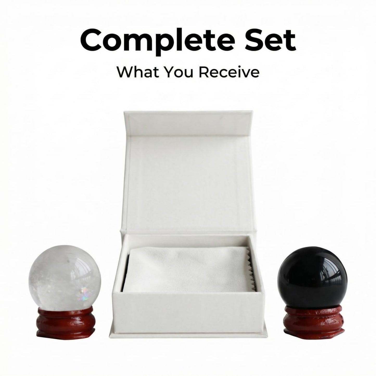 Natural Clear Crystal Ball Sphere with Red Wooden Stand Hand-Carved Quartz Gemstone Home Decor Office Desk Ornament Yoga Meditation Mindfulness Zen Decor Gift ((Clear Quartz+Obsidian) Gift Box Set)