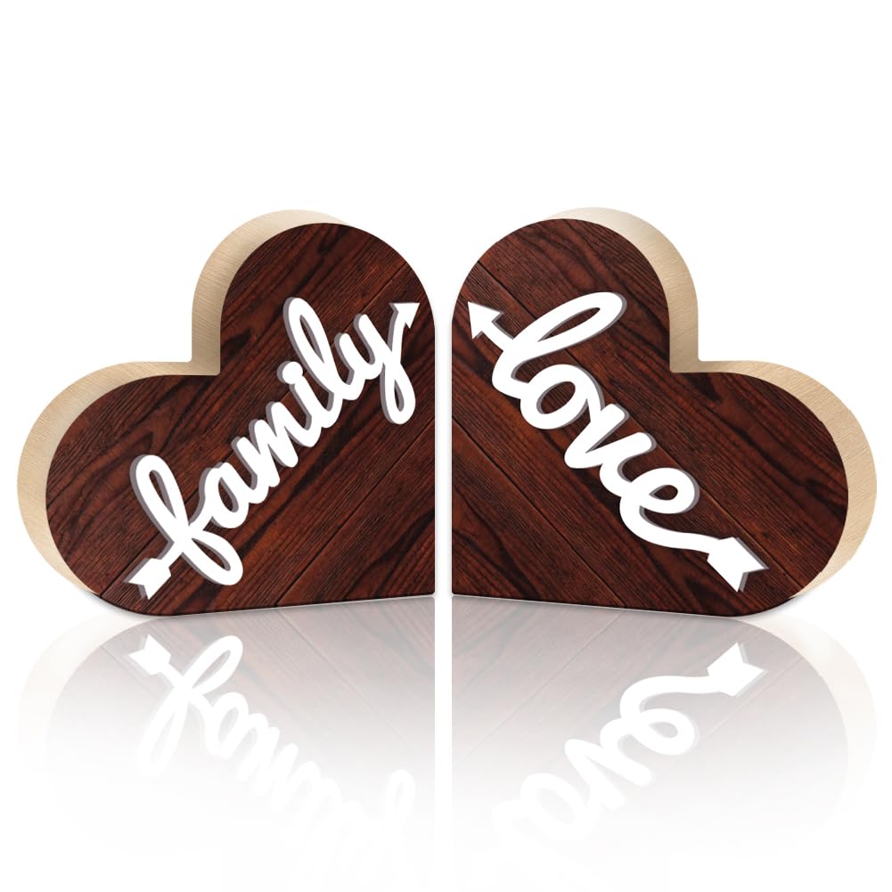 DOODLREAM 1 Pair Wooden Hearts Table Decor, Family Love 6.2 x 5.9 x 0.47 inch Wooden Sign for Desk, Rustic Brown Centerpiece Tabletop Decorations for Home, Wood Desk Sign