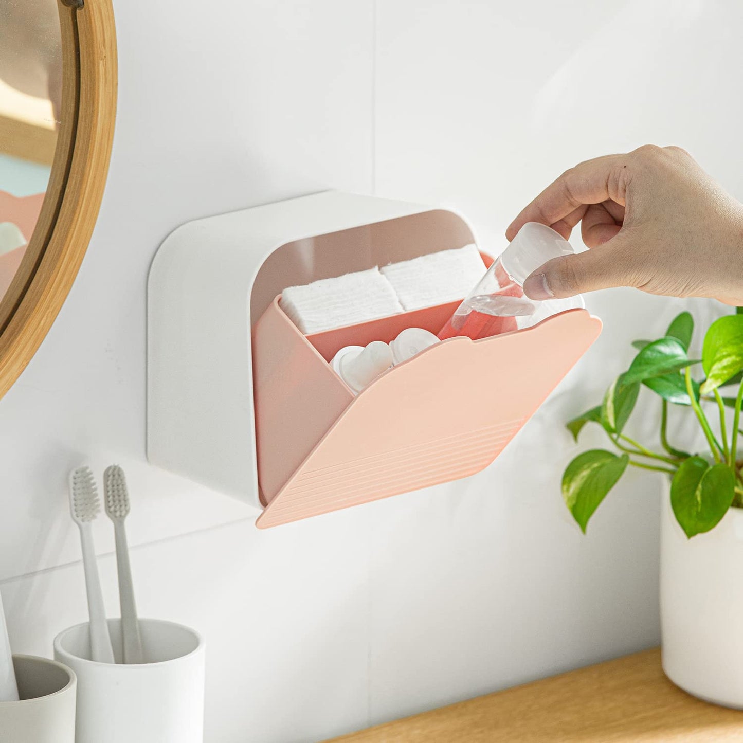 MORNITE Wall Organizer Box Jar, Bathroom Vanity Storage Canister Holder for Cotton Swabs,Balls,Makeup Pads,Sponges,Bath Salts,Sanitary Napkins, Kitchen Office Bedroom Washroom,Pink