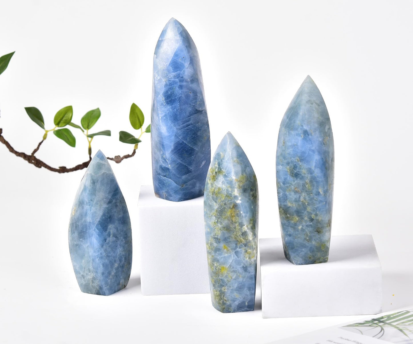 JIC Gem Large Blue Calcite Celestite Healing Crystal Obelisk Tower Spiral 4 Sides Point Energy Gemstone Home Decor 1.1-1.7 Lbs