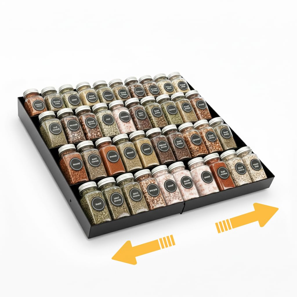 GOENDR Metal Spice Drawer Organizer, 4-Tier Spice Rack for Drawer, Expandable Seasoning Organizer Fits 11.4-22.8” Wide Drawer, Holds up to 48 Spice Jars (Not Included), Black