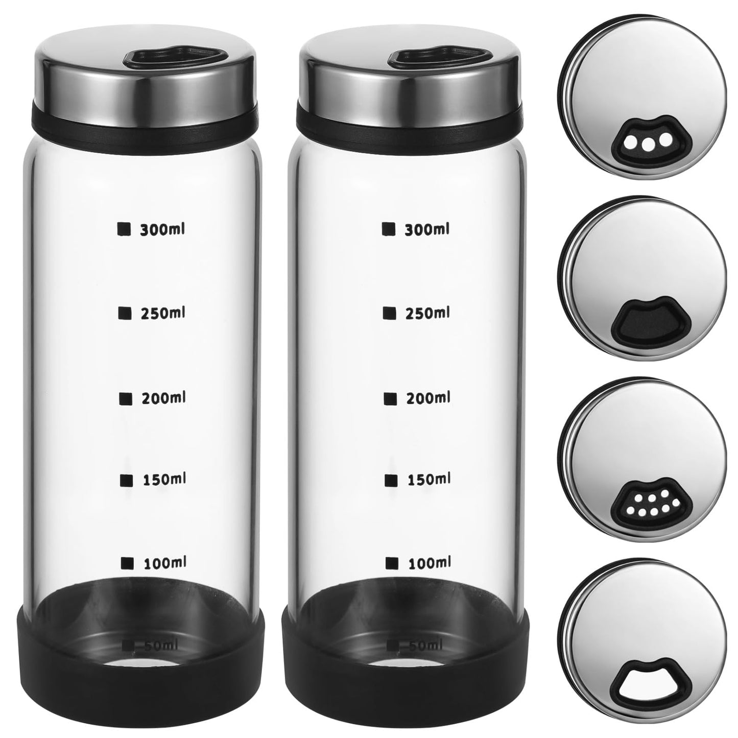 2 Pcs Salt and Pepper Shakers, 350ml Glass Spice Bottles with Adjustable Pour Holes, Spice Dispensers with Non-Slip Silicone Bases, Seasoning Jars with Rotating Steel Lids for Kitchen
