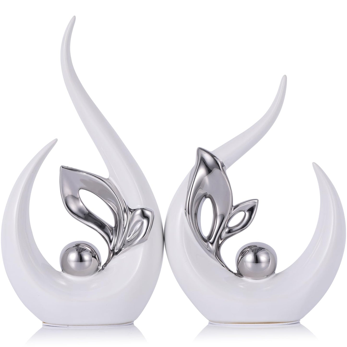 9.4" H White Silver Abstract Sculptures Home Decor, Ceramic Art Statue Cool Stuff to Put on Shelves&tv Stand Decor, Silver Accent Entertainment Center, for Fireplace Coffee Table Dining Table Decorate