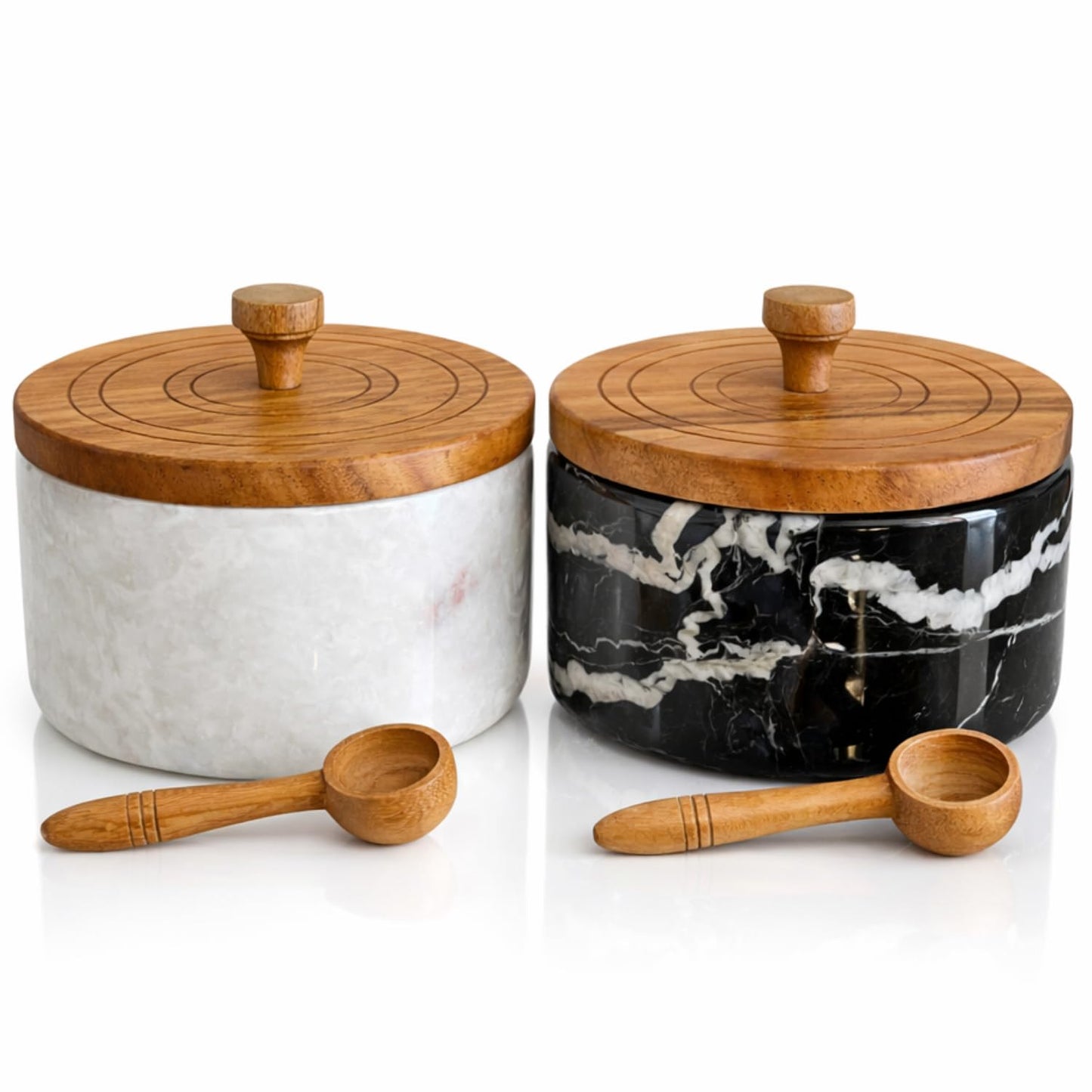 Marble salt and pepper containers with spoon, salt cellars with lid and spoons, salt and pepper holders, salt and pepper cellars, marble salt and pepper bowls with wooden lid - White/Black