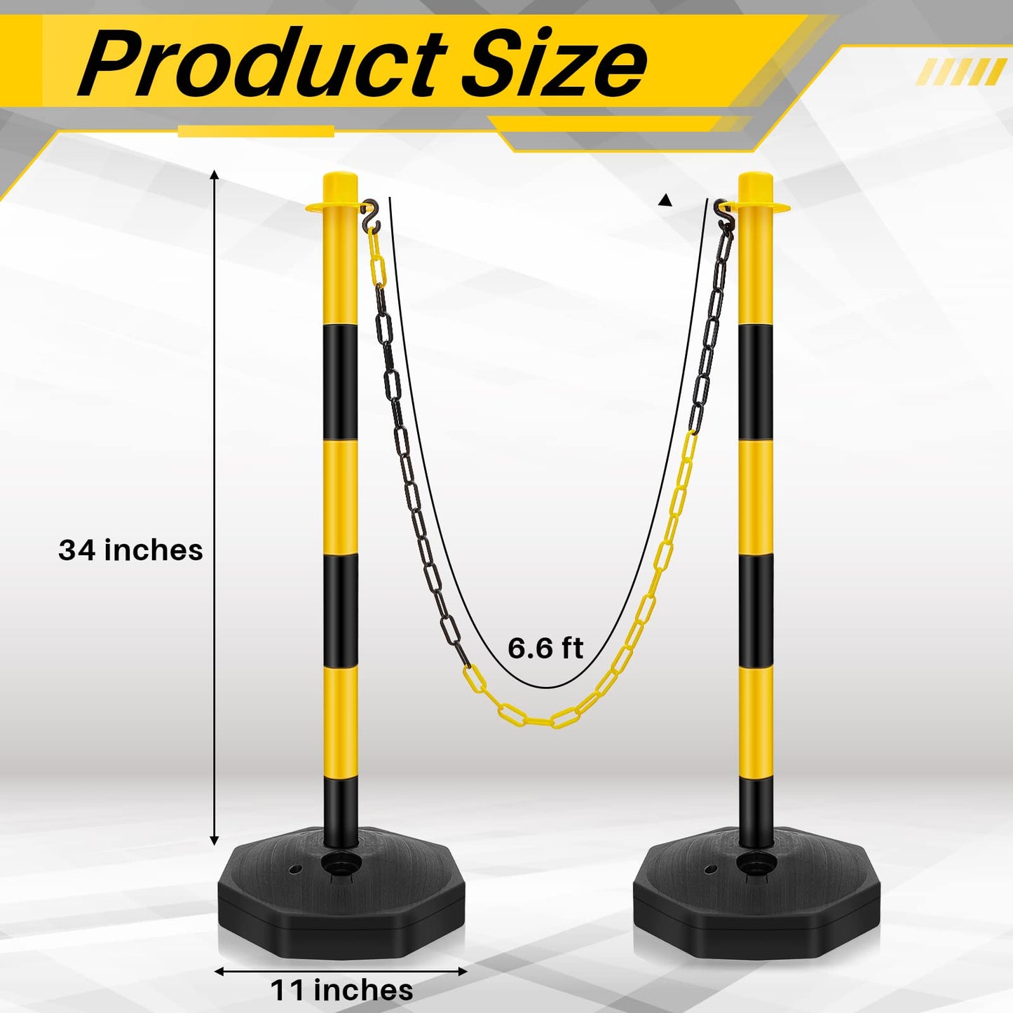 Konohan 6 Sets 34 Inch Parking Cone Delineators Post Traffic Cone Plastic Stanchion Set Stands Parking Barrier with Base 6.6 ft Chain S Hooks Reflective Collar (Yellow,Black)