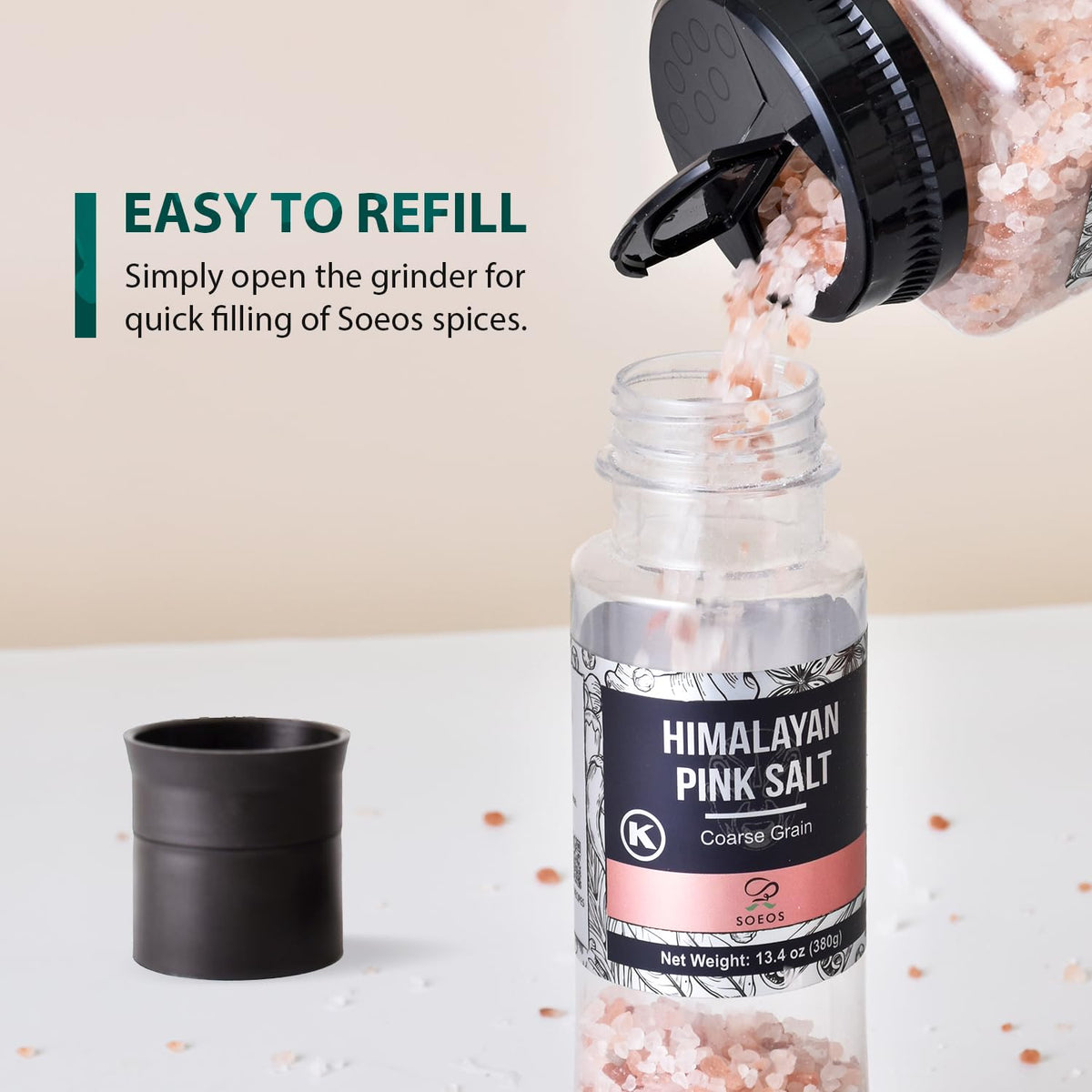 Soeos Salt Grinder Set, Himalayan Pink Salt, Coarse Grain, Salt for Grinder Refill, 13.4 Oz (380g), Refillable Plastic Bottle, Rock Salt, Kosher Salt Set (Pack of 1)