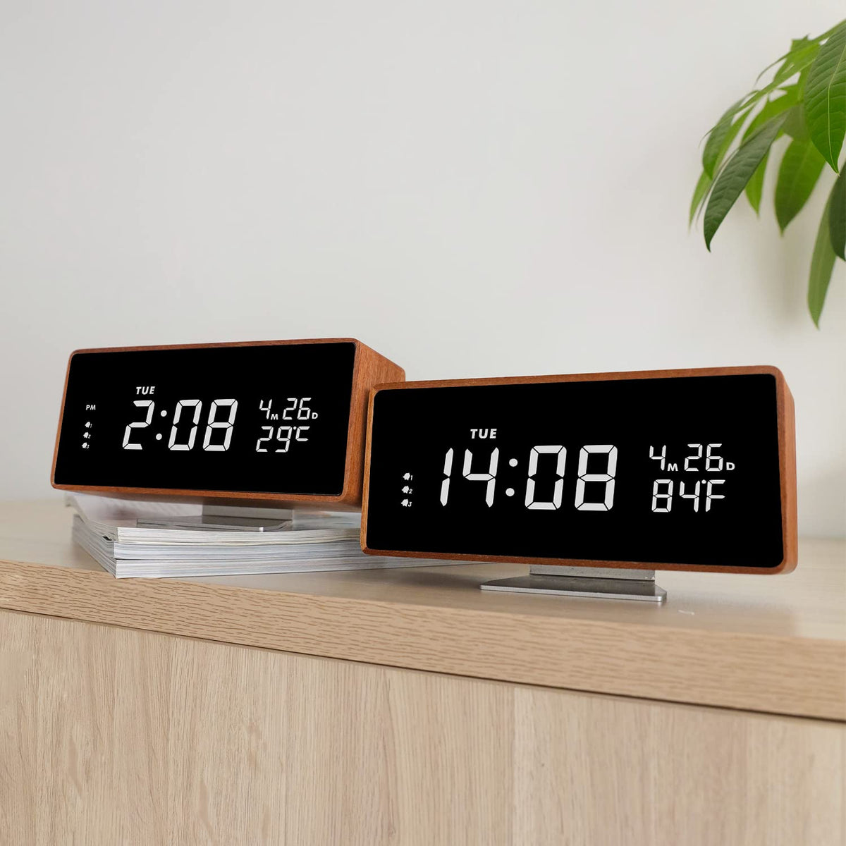 SCOAGE Wooden Digital Alarm Clock with Bluetooth Speaker Temperature Date Smart Electric Digital Bedside Clocks Night Light Table Snooze Large Display Alarm Clock Decor for Desk Bedroom Kid' s Room