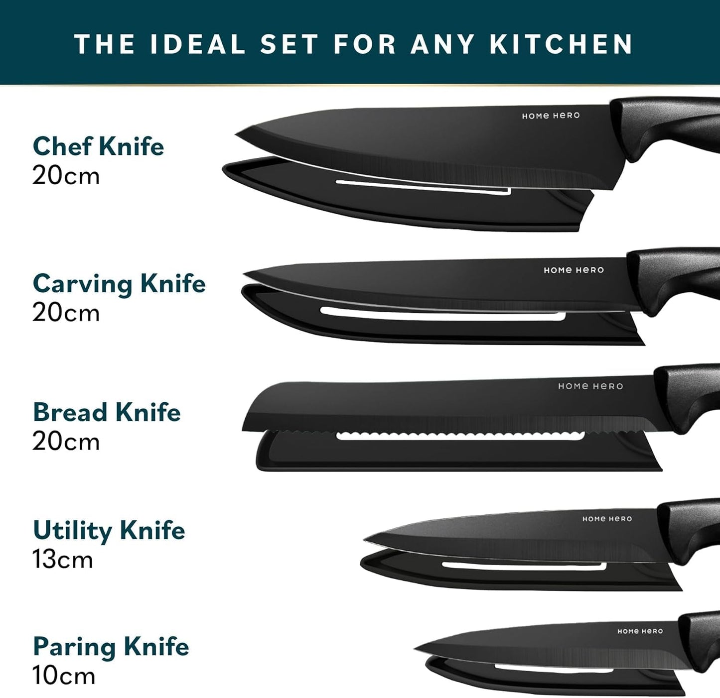 Home Hero Ultra-Sharp Stainless Steel Kitchen Knife Set - Chef Knives Set (5 pcs Set - Black with Sheath)