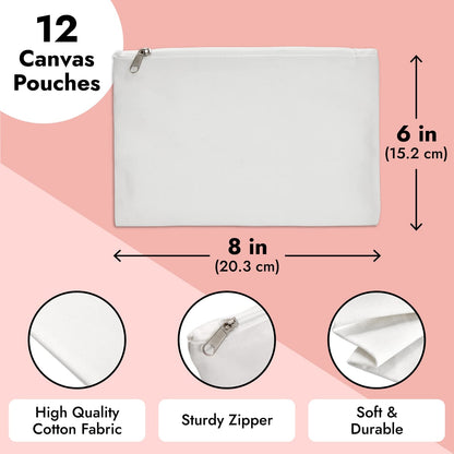 Blank Canvas Zipper Pouch, DIY Craft Bag for Cosmetics, Coins, Miniature Toiletries 12 Pack, 15 x 20 cm Off-White