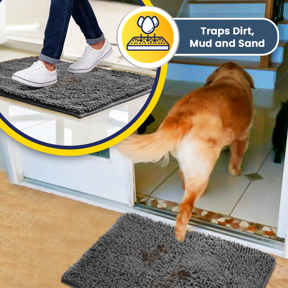 Muddy Mat AS-SEEN-ON-TV Highly Absorbent Microfiber Door Mat and Pet Rug, Non Slip Thick Washable Area and Bath Mat Soft Chenille for Kitchen Bathroom Bedroom Indoor and Outdoor - Grey Medium 30"X19"