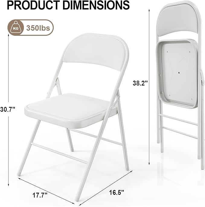 VINGLI 4 Pack Folding Chairs with Padded Seats, Metal Frame with Pu Leather Seat & Back, Capacity 350 lbs, White