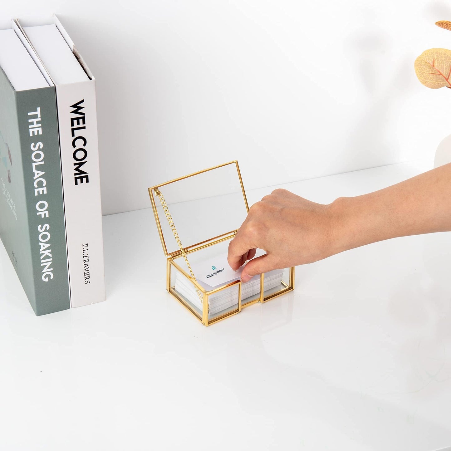 Feyarl Clear Gold Glass Business Card Box with Lid Name Card Display Organizer Container Collection Storage for Office Desktop CounterTop Meeting