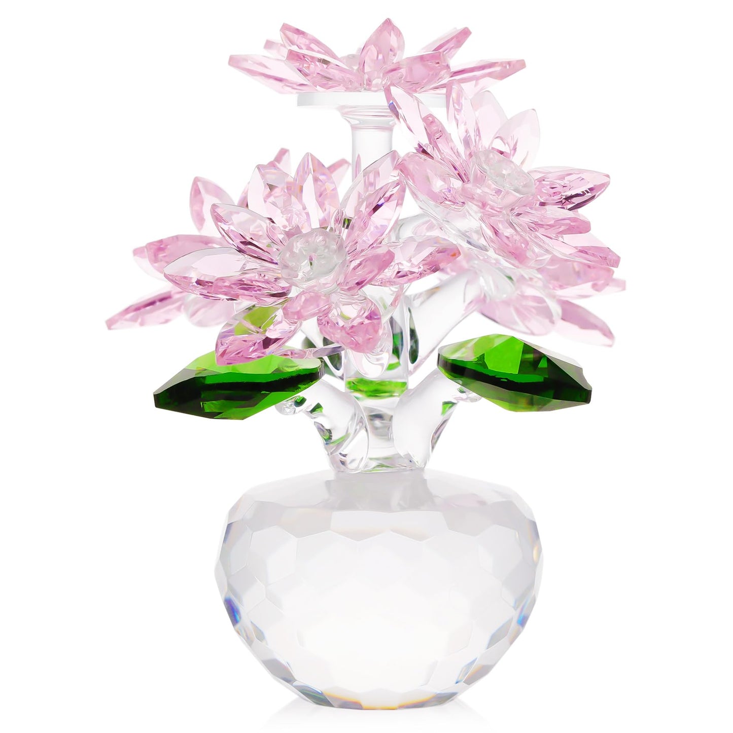 YWHL Pink Crystal Flower Figurine Decor with Stand, Handmade Glass Flower Gifts for Women, Beautiful Art Collectible Statue for Home Table Centerpiece（Pink