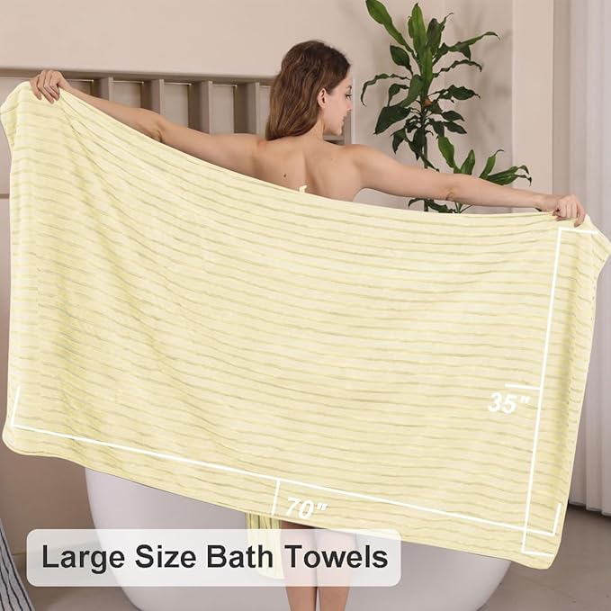 4 Pcs Light Yellow Cabana Stripe Large Bath Towels 35"x70" Oversized Bath Sheet