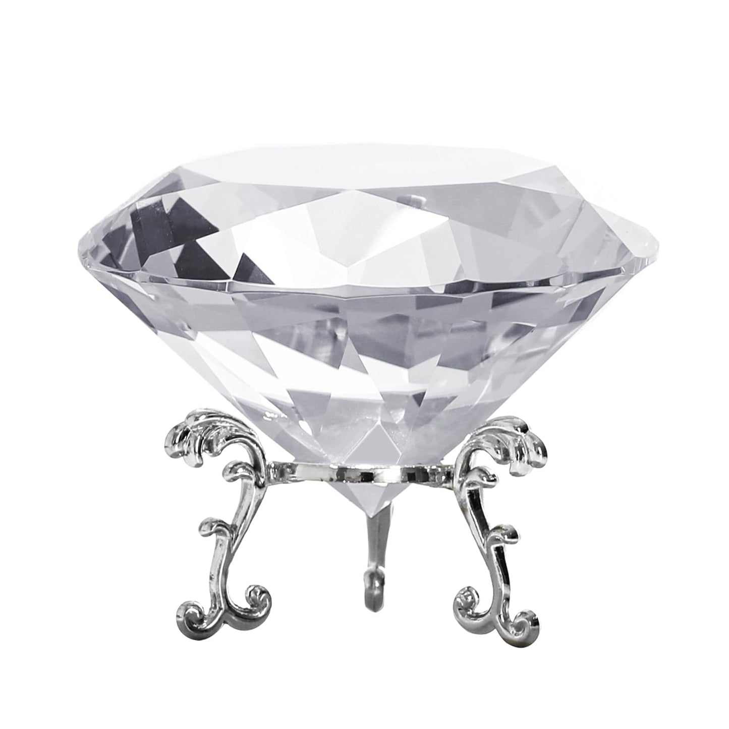 MysticGlitz Large Clear Crystal Diamond Paperweight with Silver Metal Stand, 3.15 Inch Faceted Glass Gemstone for Wedding Centerpiece Home Decor Table Decoration Fake Diamond Prism