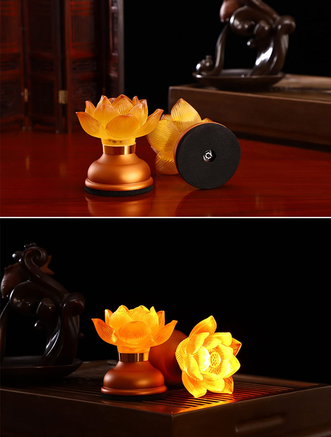 Omeet 1Pair - LED Glazed Lotus Buddhist Lamp, Light offering Before Buddha, USB Rechargeable Lotus Light, Temple Decoration & Faith Supplies - 3.5 inches