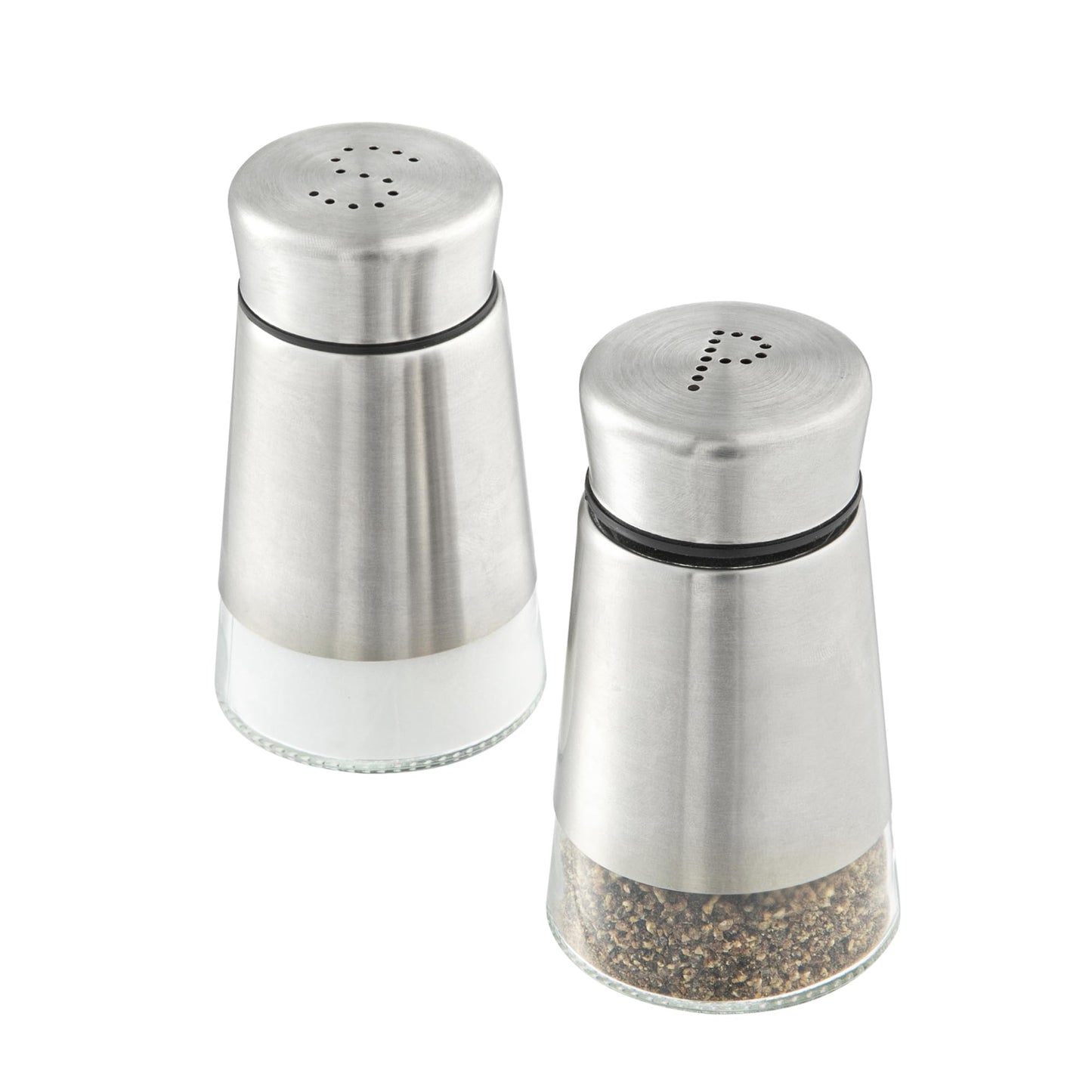 Restaurantware-Met Lux 2 Ounce Salt And Pepper Dispensers, 1 Refillable Salt And Pepper Shaker Set - "S" And "P" Pour Holes, Clear Glass Bottom, Stainless Steel Spice Dispensers, With Screwable Lid