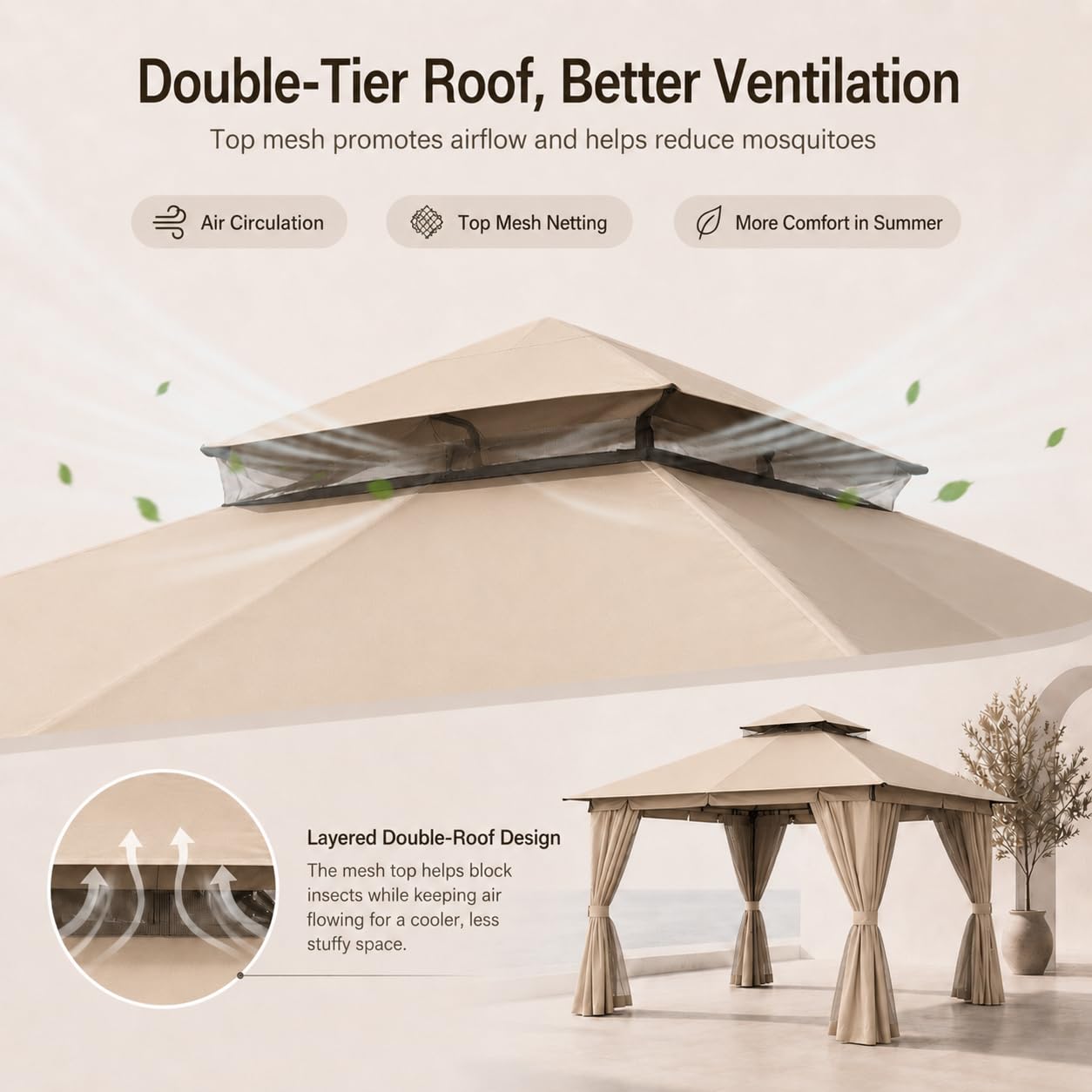 Kingdura 10'x10' Outdoor Gazebo, Heavy Duty Metal Patio Canopy Tent Shelter with Double Roof, Mosquito Netting & Privacy Curtains for Backyard, Garden, Deck, Lawn, Khaki