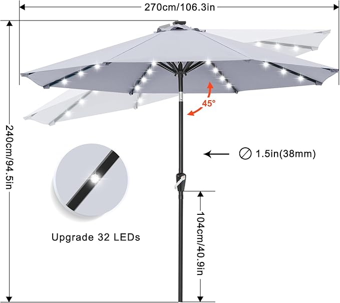 ABCCANOPY Durable Solar Led Patio Umbrellas with 32LED Lights 9FT (Light Gray)