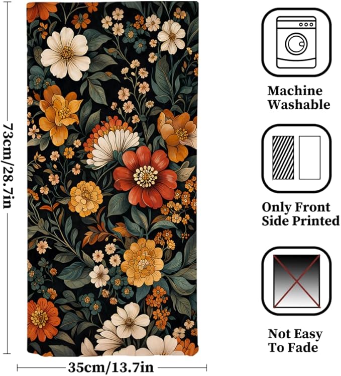 Boho Floral Hand Towels Set of 2 Mid Century Flower Kitchen Towels Decorative