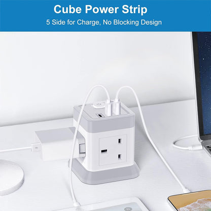 Extension Lead Cube with USB, BEVA 4 Way Power Strip with 3 USB Ports, Desktop Power Extension Socket with 1.5M Extension Cable Cords for Home Dorm Office Travel-WHITE