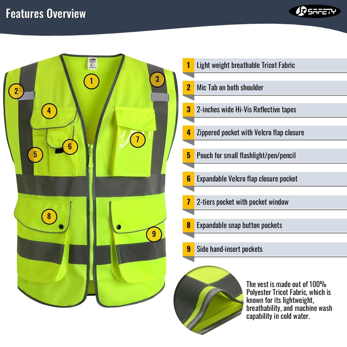 JKSafety 20 Pack 9 Pockets Class 2 High Visibility Zipper Front Safety Vest With Reflective Strips,Meets ANSI/ISEA Standard (X-Large, 156-Yellow)
