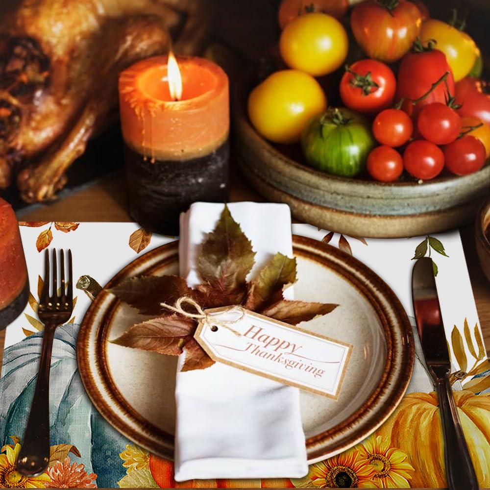 50 Pack Pumpkin Leaves Paper Placemats Fall Autumn Harvest Paper Placemats 10x14 Inch Seasonal Autumn Thanksgiving Disposable Placemat for Holiday Farmhouse Indoor Outdoor Home Party Dining Decoration