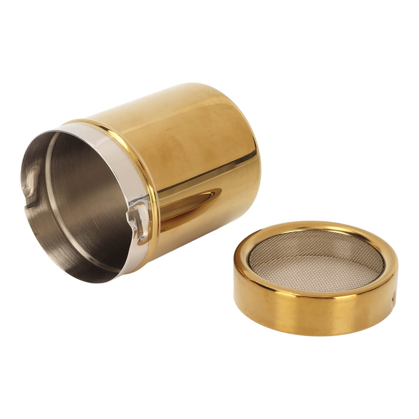 Stainless Steel Powder Shaker, Coffee Cocoa Dredges with Fine Mesh Lid, 2.8 x 3.5 inch Powder Sugar Shaker for Coffee Cocoa Chocolate Cinnamon, Gold