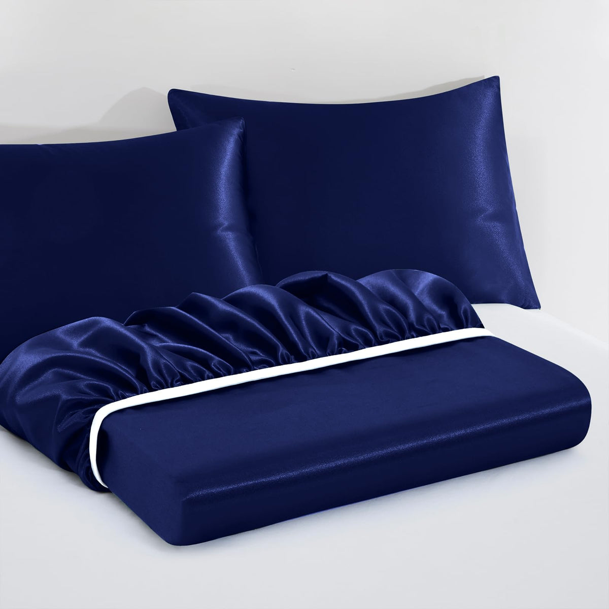 VACVELT 3pcs Extra Deep Pocket Satin Fitted Sheet Set Queen Bed Set, Navy Blue Bottom Sheet Fit 18-24 Inch Deep Pocket Mattress, Silky Bedding Set Soft & Ultra Deep Fitted Sheet + 2 Pillowcase