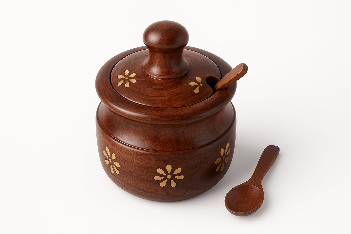 AMERIZONE Handcrafted Sheesham Wood Spice Jar with Spoon & Lid | Decorative Wooden Sugar/Spice Container with Brass Inlay | Traditional Kitchen Storage Pot