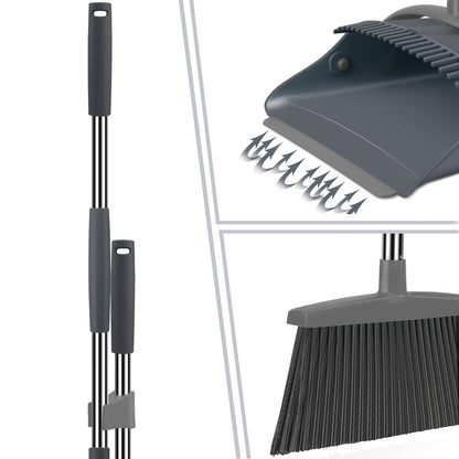Ivandar Broom and Dustpan Set, Dust pan with Long Handle, Broom with Dustpan Combo Set, Broom and Dustpan for Home, Indoor or Outdoor Cleaning Tool (Deep Gray&Light Gray)