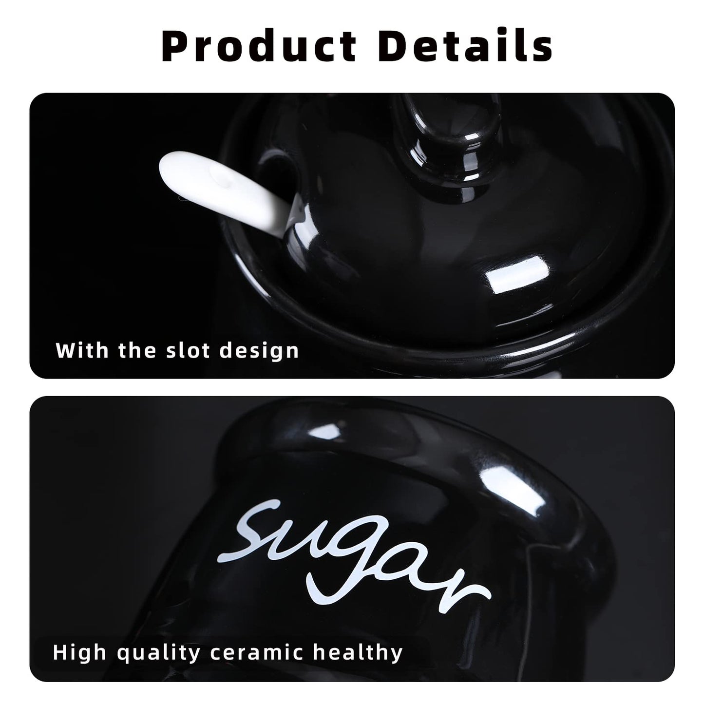 12oz Sugar and Salt Bowls with Lid and Spoon, Ceramics Condiment Pots,Seasoning Jar Spice Container for Kitchen,Dishwasher Safe (Black)