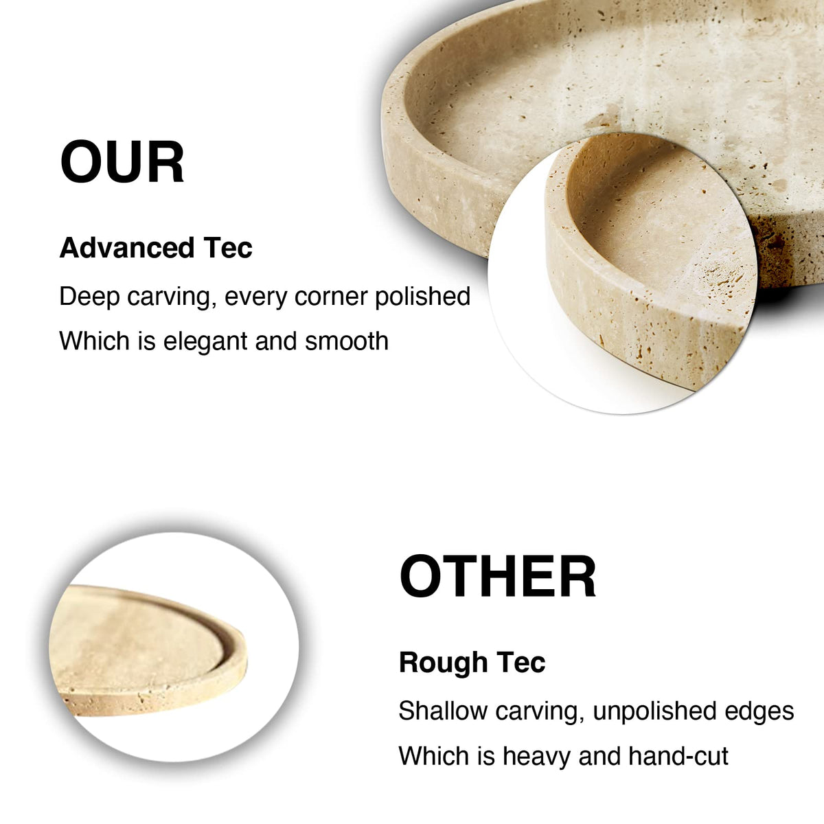 PHINILUX Travertine Marble Vanity Tray, Round Ottoman Tray Minimalist Modern Decorative & Fruit Serving Plate for Bathroom, Kitchen, Nightstand, Coffee Table Decor, Jewelry Ring Dish Holder, Beige