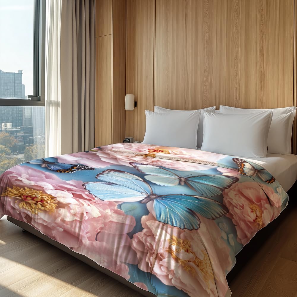 HUNXIAOJ Butterfly Print Throw Blanket Floral Butterfly Blanket Insect Throw Warm Soft Flannel for Adults Bed Sofa Couch (50 in x 60 in)