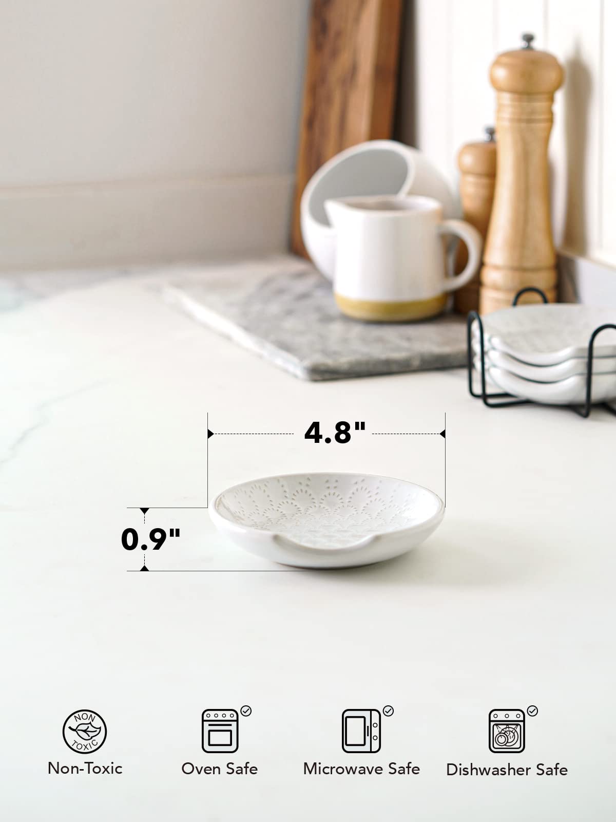 LE TAUCI Ceramic Spoon Rests for Stove Top with Holder, Set of 4 Farmhouse Spoon Holder for Kitchen Counter, 4.8 Inch Heat Resistant Utensil Rest for Cooking & Coffee Bar, Embossed, White