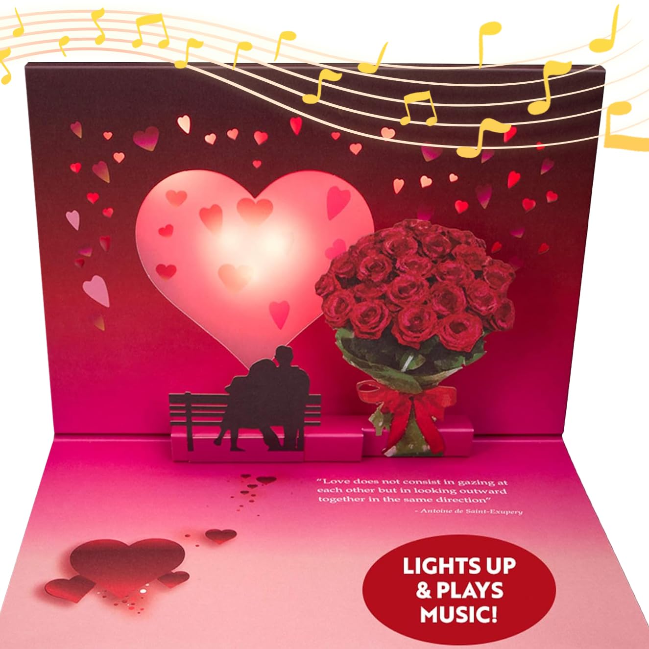 Pop Up Valentines Day Card Plays "Unchained Melody" - 3D Romantic Couple Scene with Roses & Glowing Heart Sunset - Musical Keepsake Gift For Your Sweetheart with Lights & Music (Cute Couple)